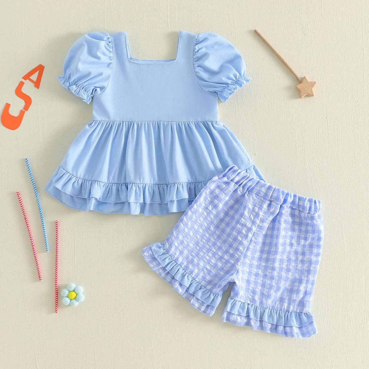 Children's outfit with red and blue top and shorts - ChildAngle Toddler Girls 4th of July Ruffle Plaid Tops and Shorts