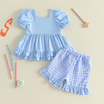 Children's outfit with red and blue top and shorts - ChildAngle Toddler Girls 4th of July Ruffle Plaid Tops and Shorts