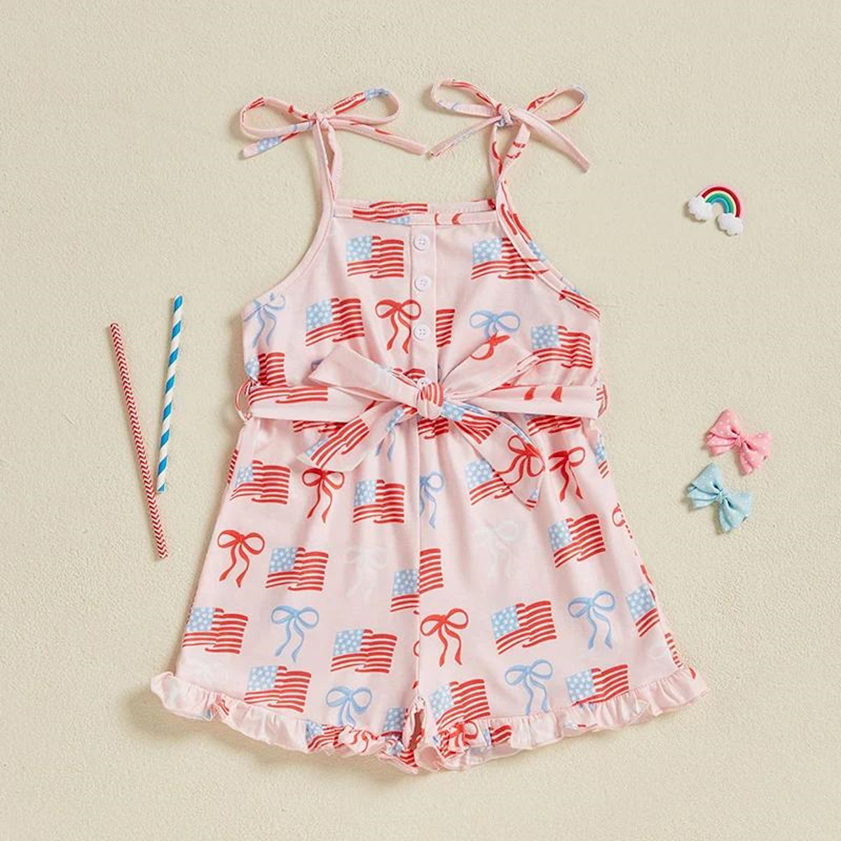Toddler Girls children's jumsuits with patriotic designs - ChildAngle Toddler Bowknow American Flag Baby Jumpsuit