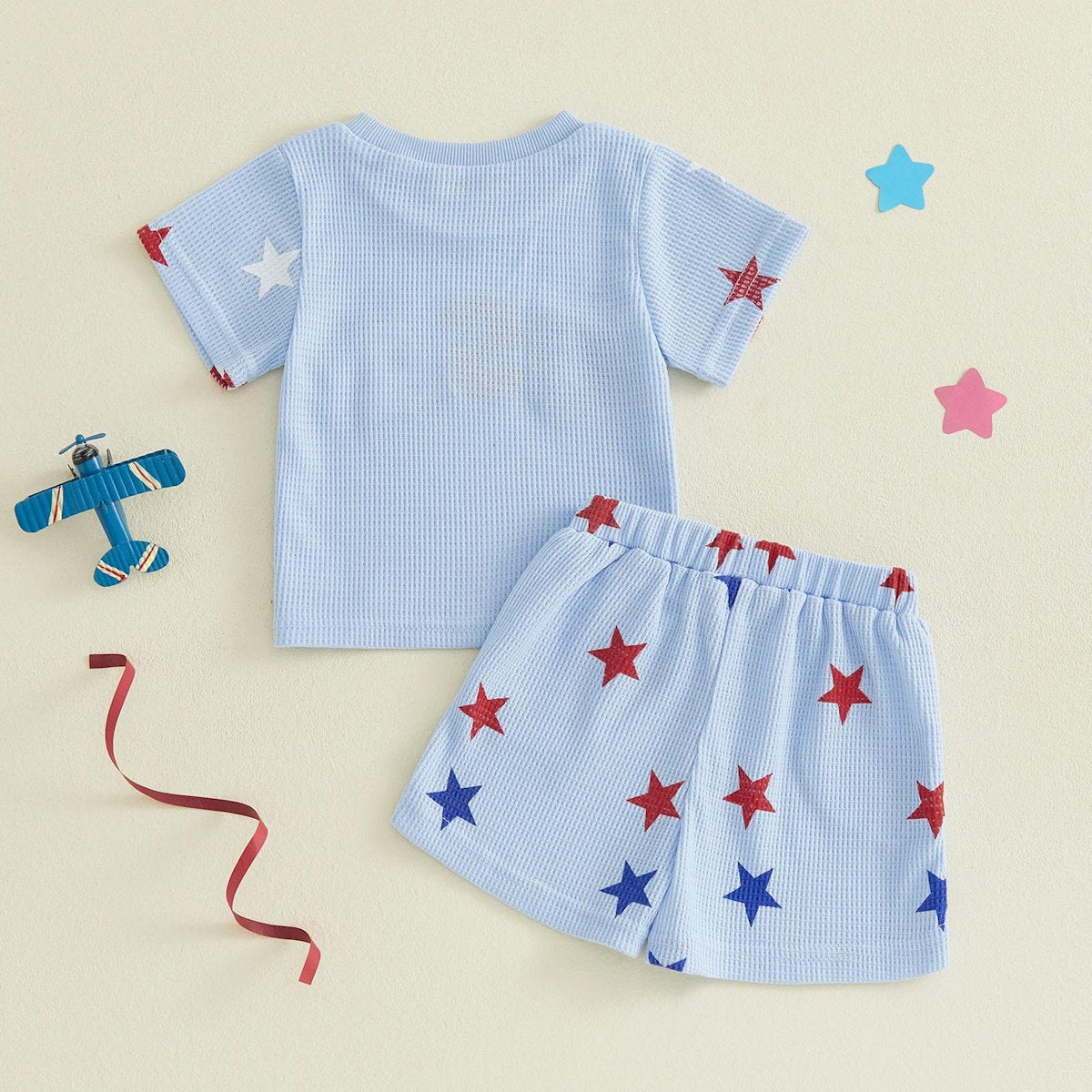 Light Blue USA Star Patterned Kids 4th of July Tops and Shorts - ChildAngle