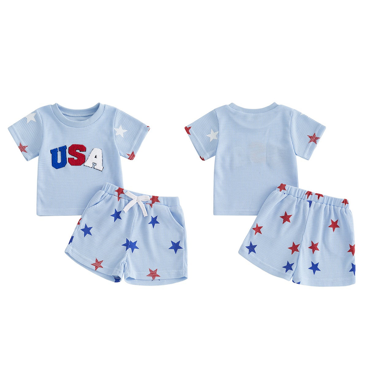 Light Blue USA Star Patterned Kids 4th of July Tops and Shorts - ChildAngle