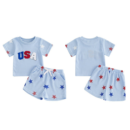 Light Blue USA Star Patterned Kids 4th of July Tops and Shorts - ChildAngle