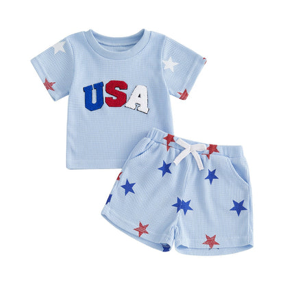 Light Blue USA Star Patterned Kids 4th of July Tops and Shorts - ChildAngle