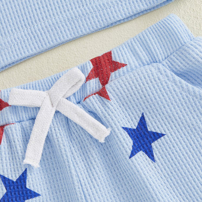 Light Blue USA Star Patterned Kids 4th of July Tops and Shorts - ChildAngle