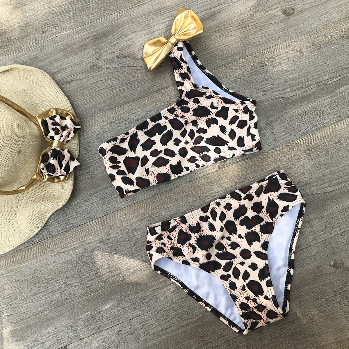 3PCS Toddler Girls Leopard Off-shoulder Bow Bikini Set - ChildAngle Girls Swimsuits