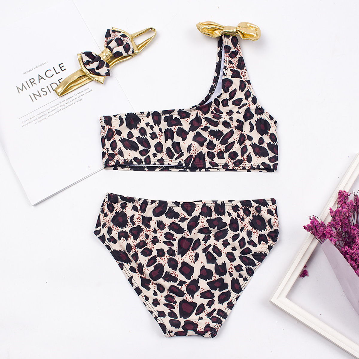 3PCS Toddler Girls Leopard Off-shoulder Bow Bikini Set - ChildAngle Girls Swimsuits