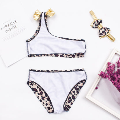 3PCS Toddler Girls Leopard Off-shoulder Bow Bikini Set - ChildAngle Girls Swimsuits