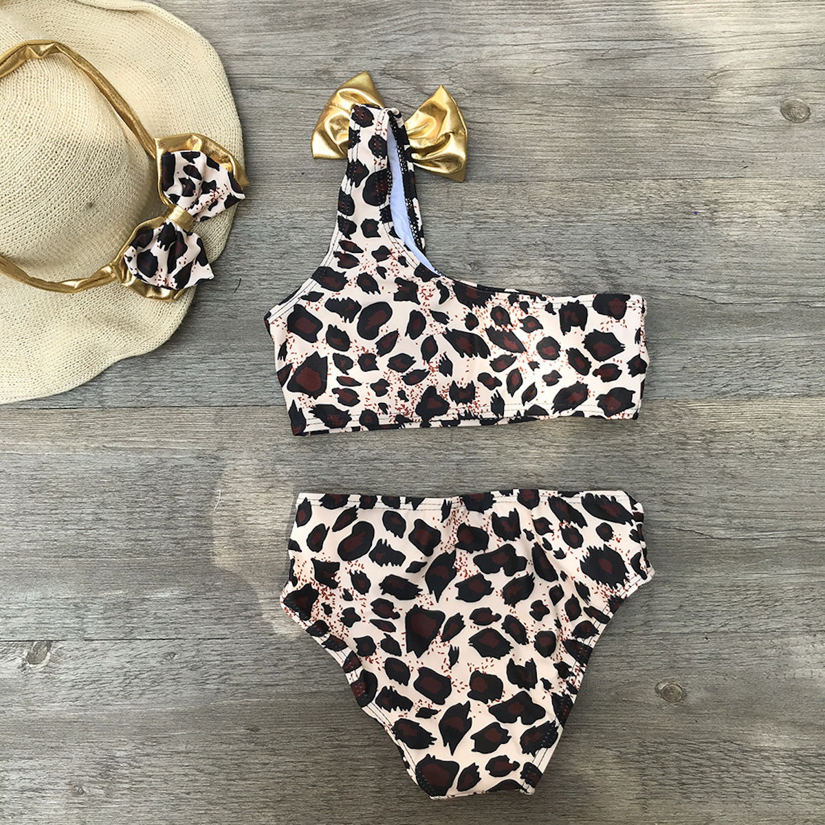 3PCS Toddler Girls Leopard Off-shoulder Bow Bikini Set - ChildAngle Girls Swimsuits