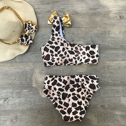 3PCS Toddler Girls Leopard Off-shoulder Bow Bikini Set - ChildAngle Girls Swimsuits
