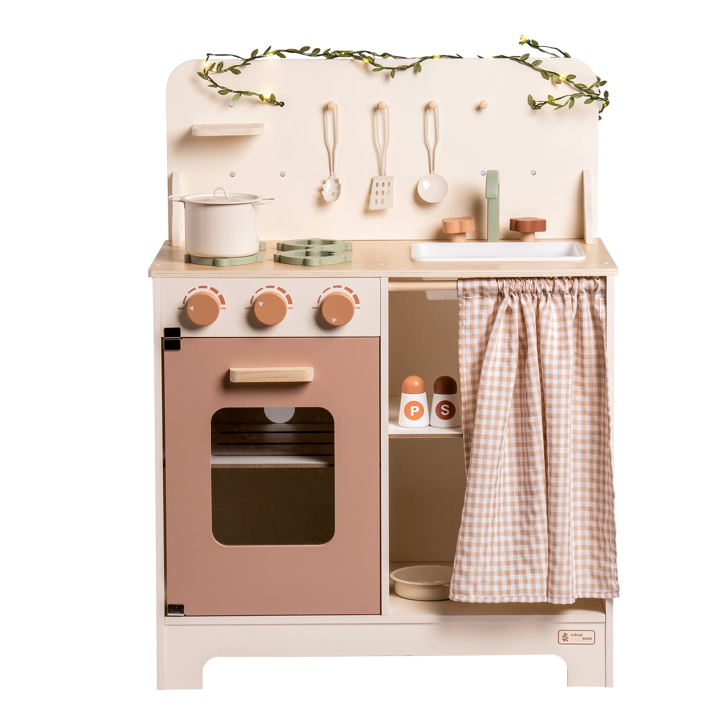 11 in 1 Wooden Play Kitchen Set Cream Color Kitchen with Curtain