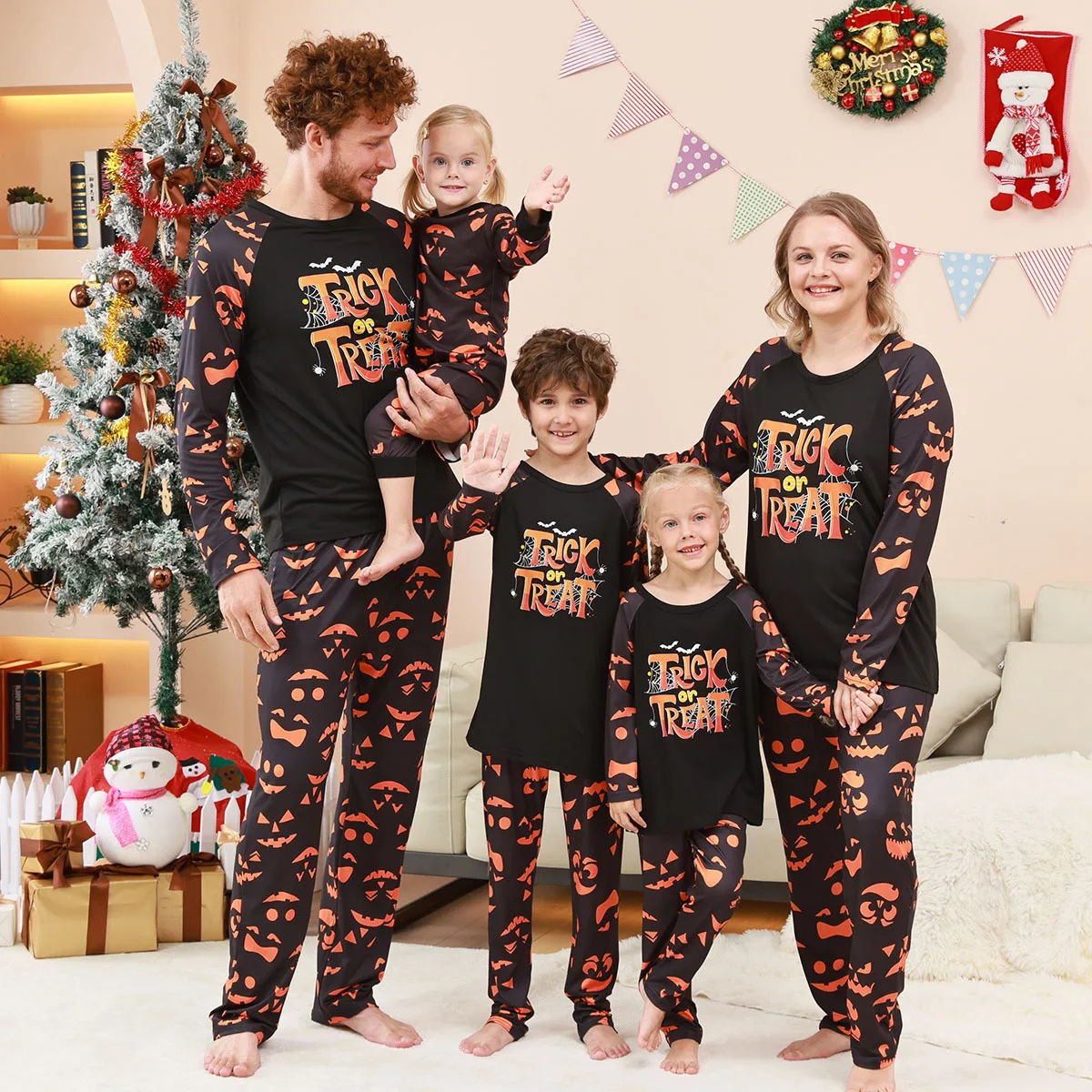 Halloween Family Pajama Trick or Treat Matching Halloween Pumpkin Print Sleepwear Family Look Pyjamas - ChildAngle