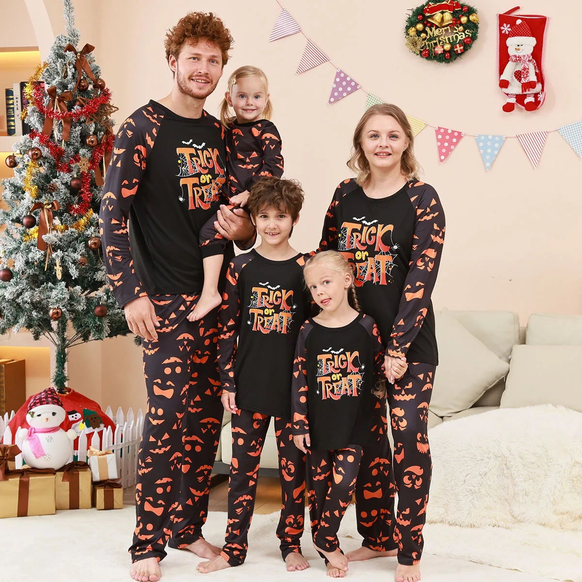 Halloween Family Pajama Trick or Treat Matching Halloween Pumpkin Print Sleepwear Family Look Pyjamas - ChildAngle