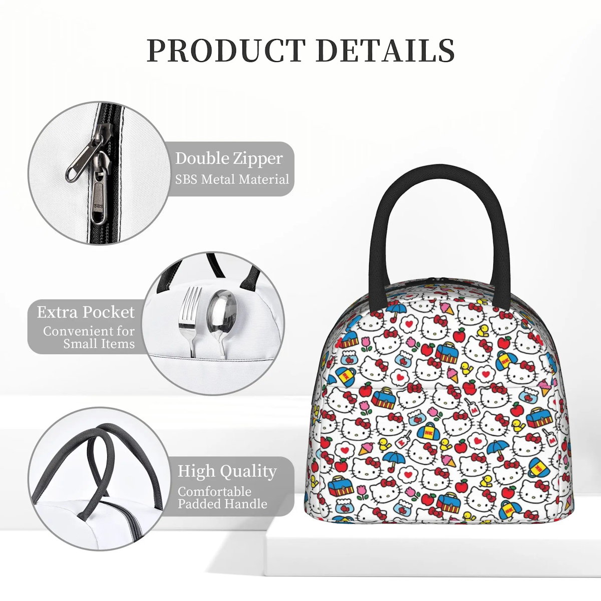 White Hello Kitty Lunch Bags Portable Insulated School Lunch Bags - ChildAngle