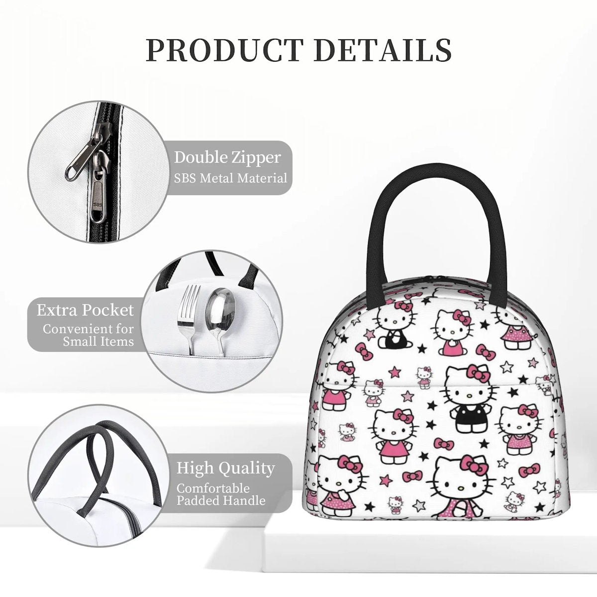White Hello Kitty Lunch Bags Portable Insulated School Lunch Bags - ChildAngle