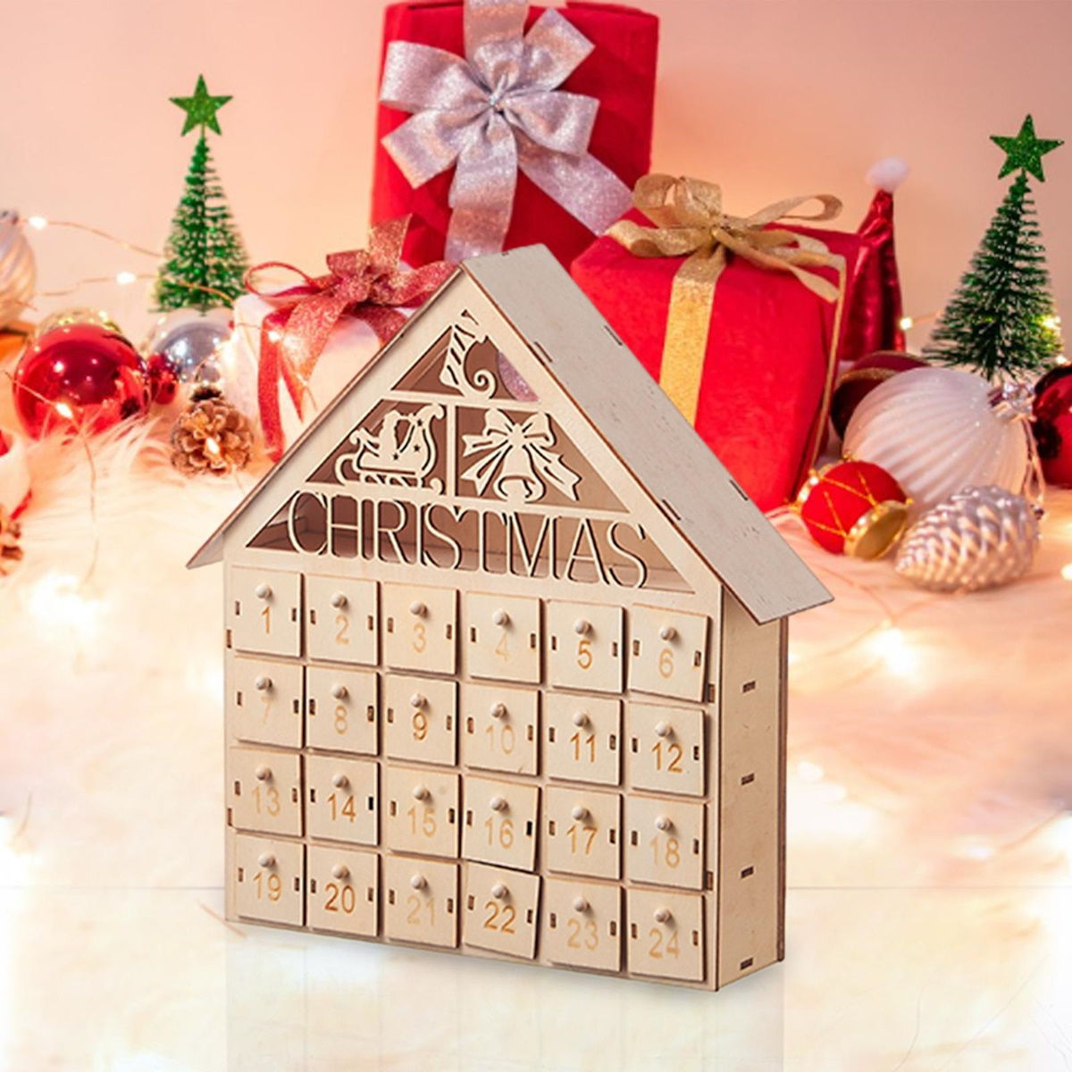 Wooden Advent Calendar Christmas Countdown Box with Drawers - ChildAngle
