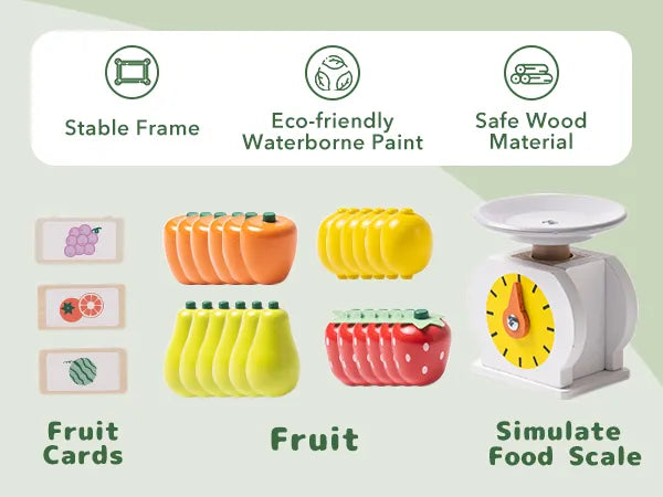 Wooden Play Grocery Toys Market Fruit Stall with Food Scale