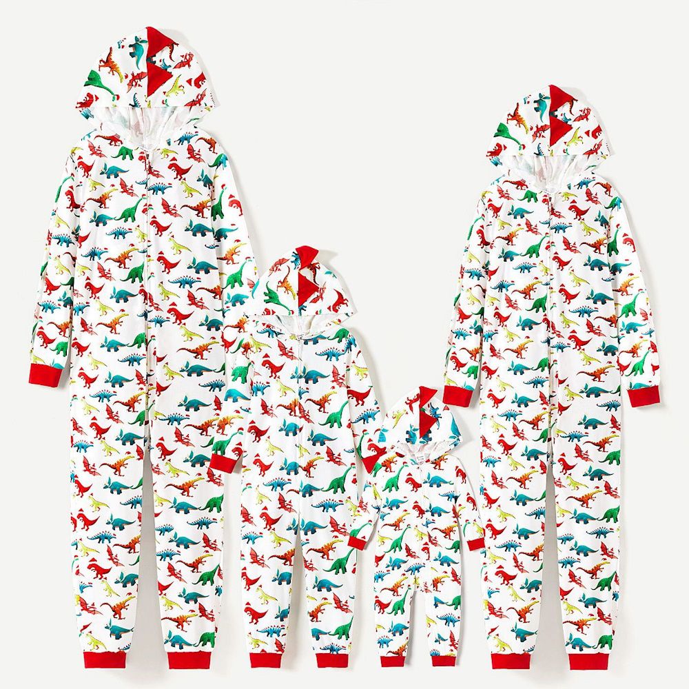 Christmas Dinosaur Onesies Family Matching Pajama Allover Santa Claus Print Long sleeve Hooded Zipper ChildAngle