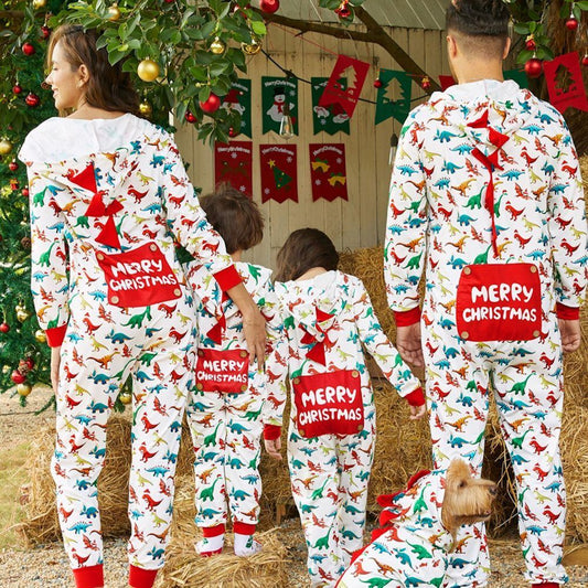 Christmas Dinosaur Onesies Family Matching Pajama Allover Santa Claus Print Long-sleeve Hooded Zipper - ChildAngle