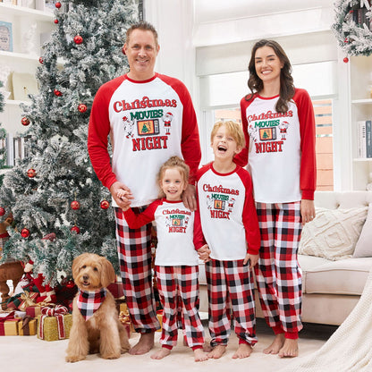 Christmas Movies Night Plaid Family Christmas Pajamas Santa Snowman Christmas Tree Print - ChildAngle