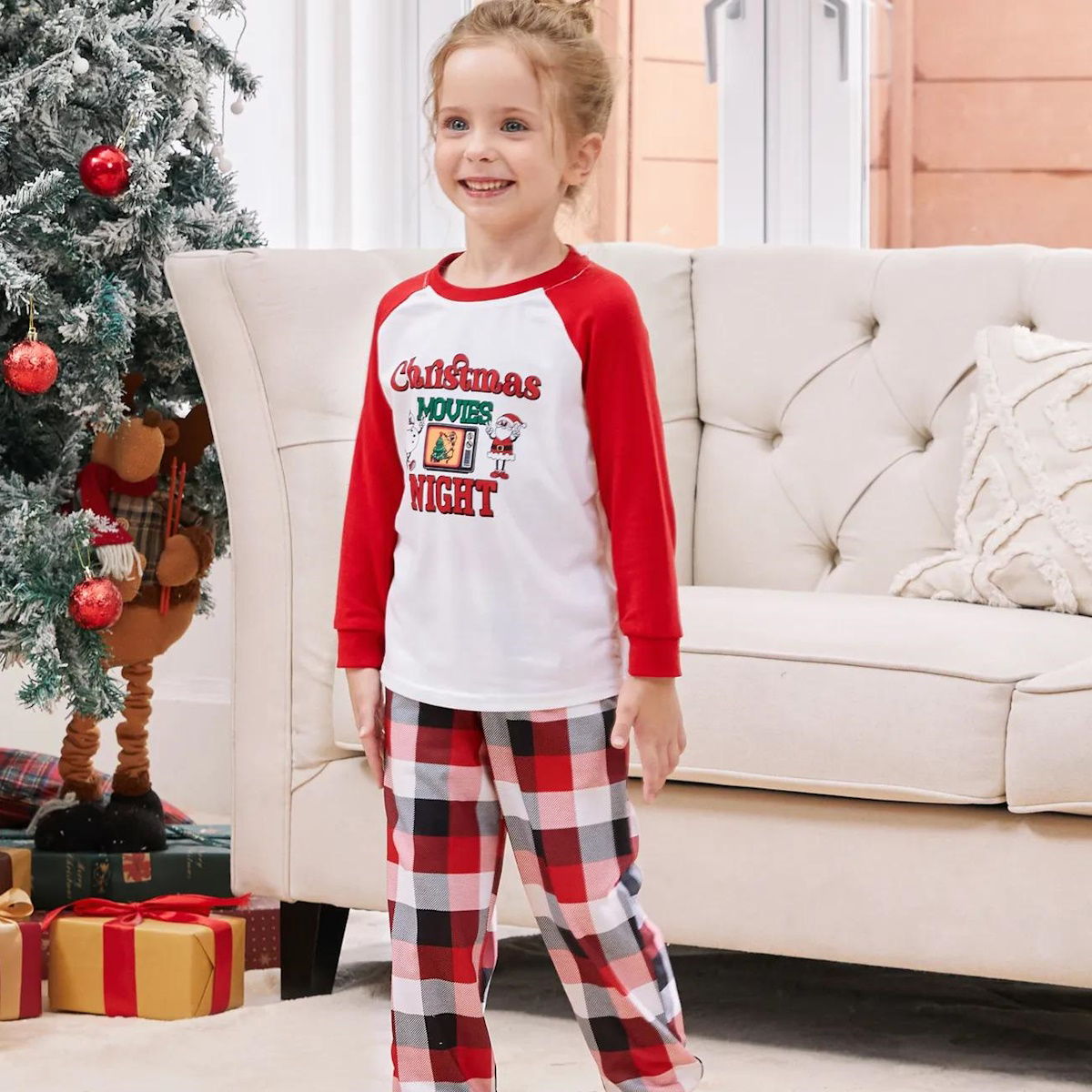 Christmas Movies Night Plaid Family Christmas Pajamas Santa Snowman Christmas Tree Print - ChildAngle