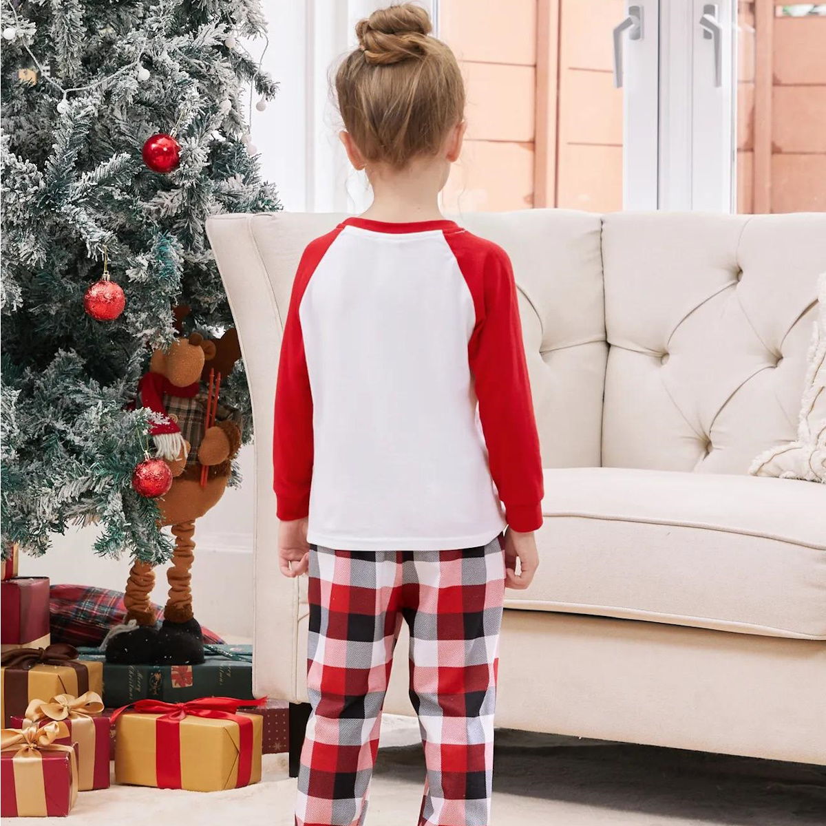 Christmas Movies Night Plaid Family Christmas Pajamas Santa Snowman Christmas Tree Print - ChildAngle