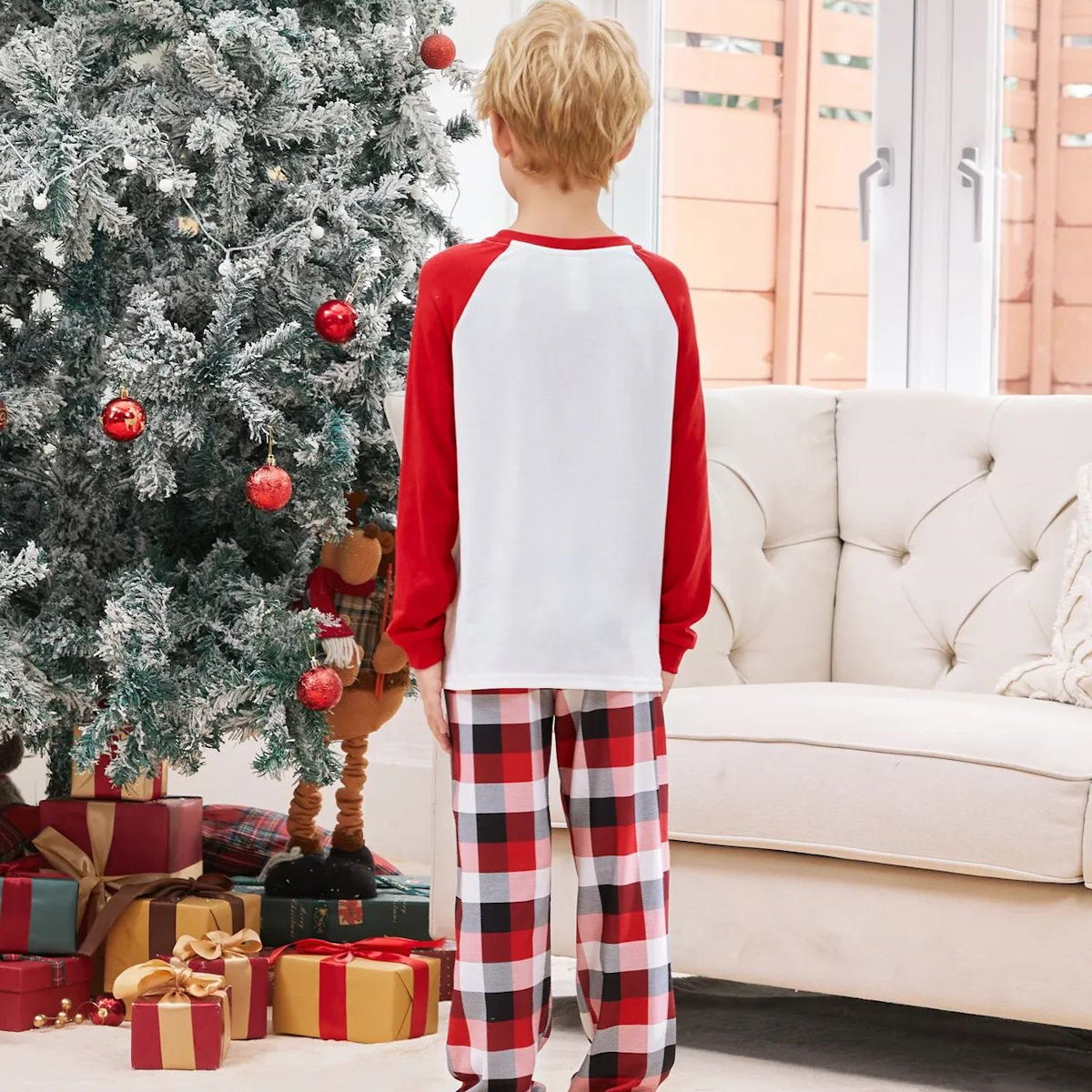 Christmas Movies Night Plaid Family Christmas Pajamas Santa Snowman Christmas Tree Print - ChildAngle