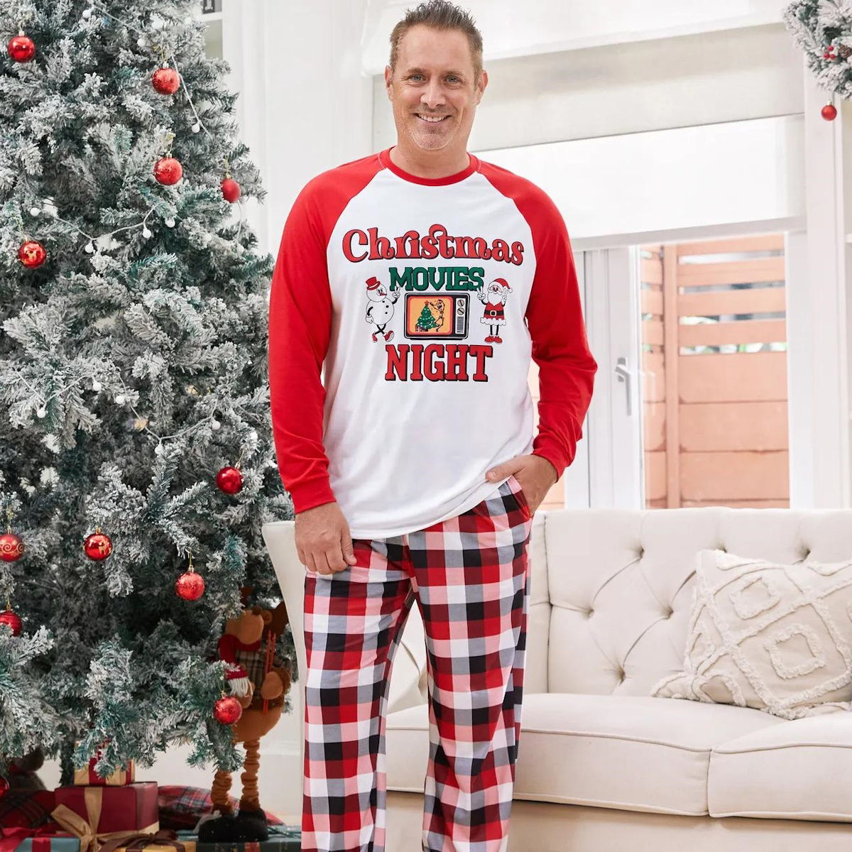 Christmas Movies Night Plaid Family Christmas Pajamas Santa Snowman Christmas Tree Print - ChildAngle