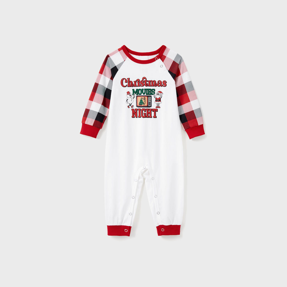 Christmas Movies Night Plaid Family Christmas Pajamas Santa Snowman Christmas Tree Print - ChildAngle