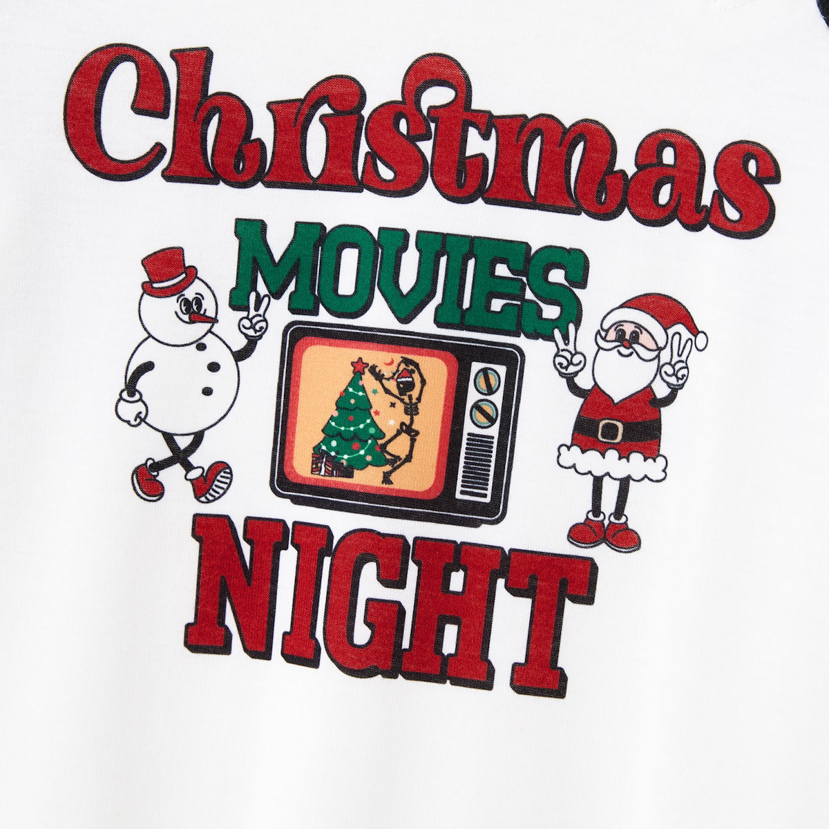 Christmas Movies Night Plaid Family Christmas Pajamas Santa Snowman Christmas Tree Print - ChildAngle