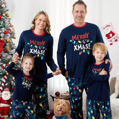 Dark Blue Merry Xmas Allover String Light Print Family Christmas Pajamas - ChildAngle