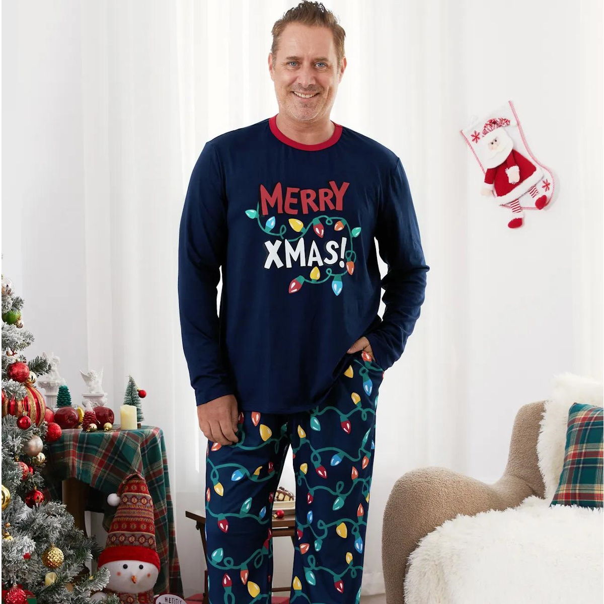 Dark Blue Merry Xmas Allover String Light Print Family Christmas Pajamas - ChildAngle