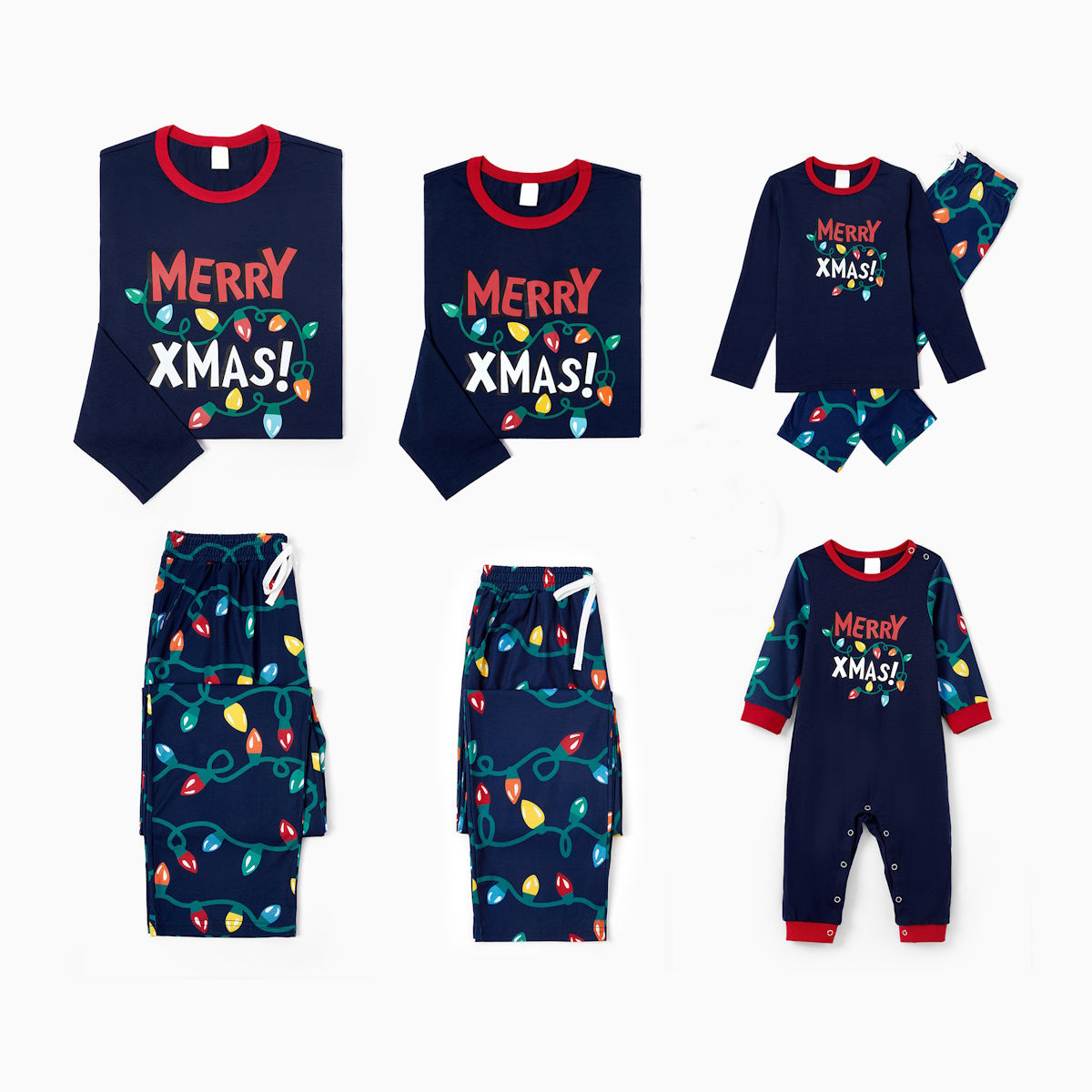 Dark Blue Merry Xmas Allover String Light Print Family Christmas Pajamas - ChildAngle