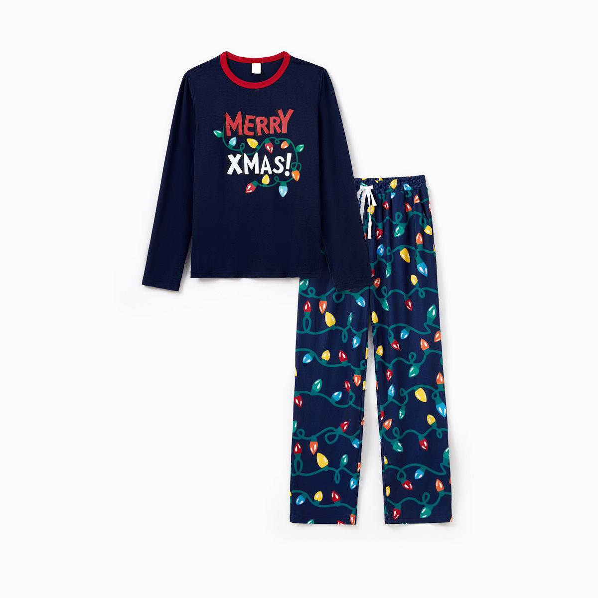 Dark Blue Merry Xmas Allover String Light Print Family Christmas Pajamas - ChildAngle