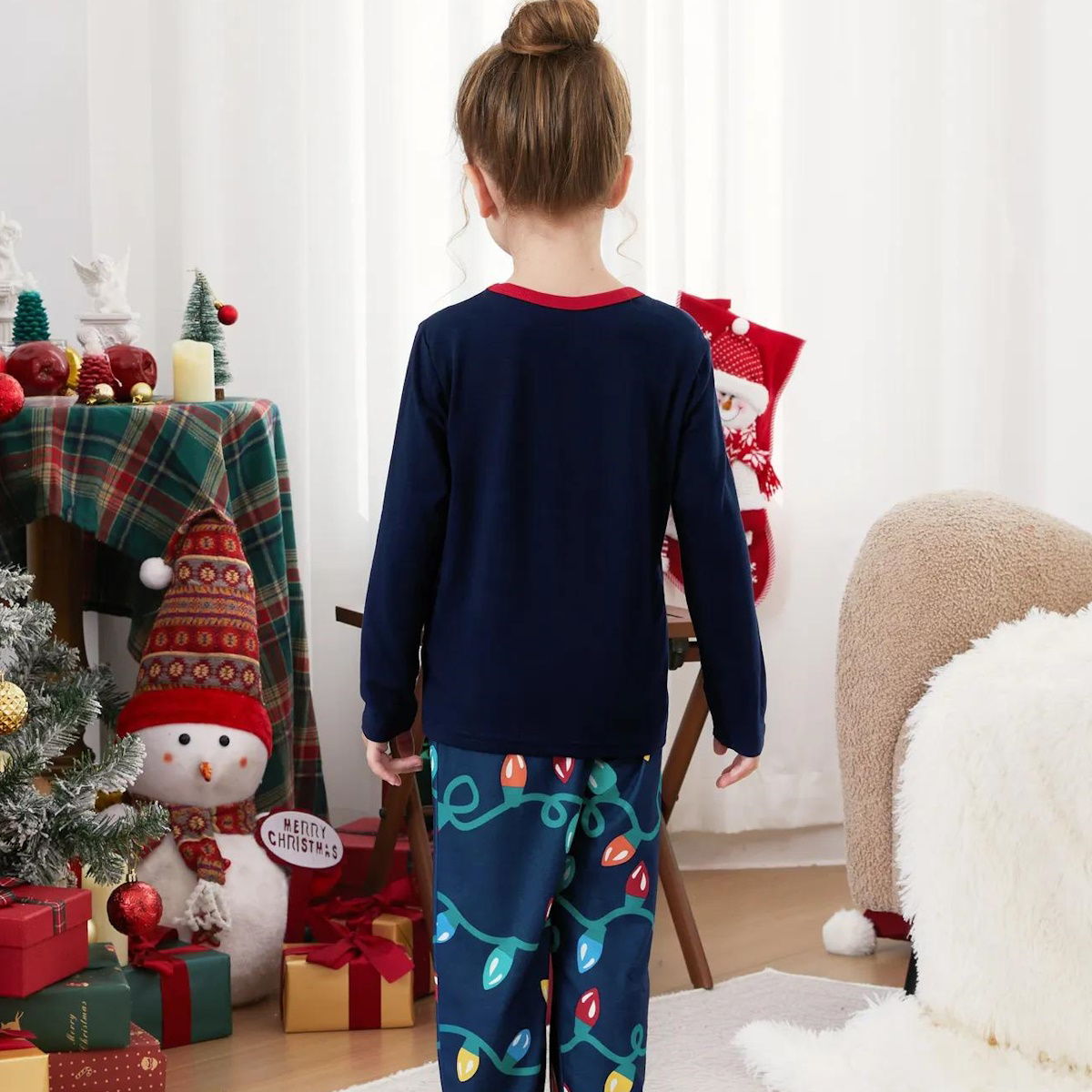 Dark Blue Merry Xmas Allover String Light Print Family Christmas Pajamas - ChildAngle