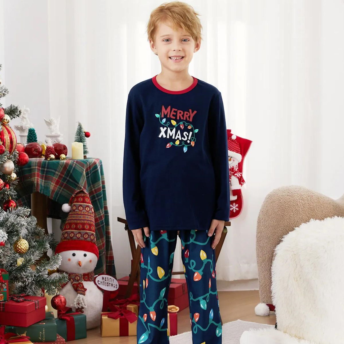 Dark Blue Merry Xmas Allover String Light Print Family Christmas Pajamas - ChildAngle