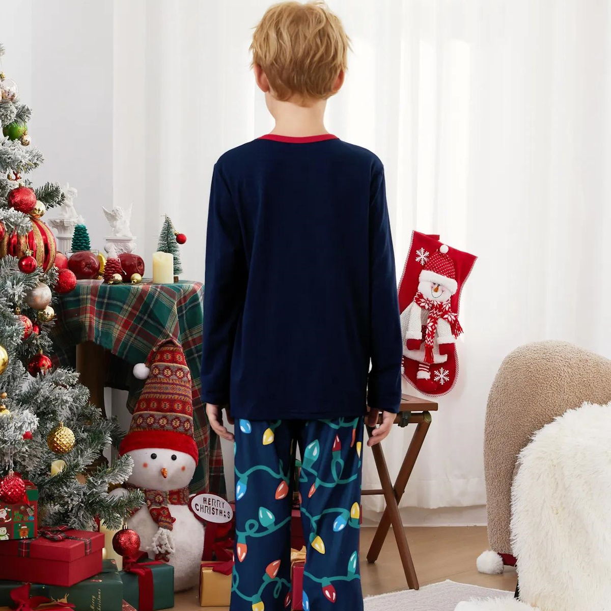 Dark Blue Merry Xmas Allover String Light Print Family Christmas Pajamas - ChildAngle