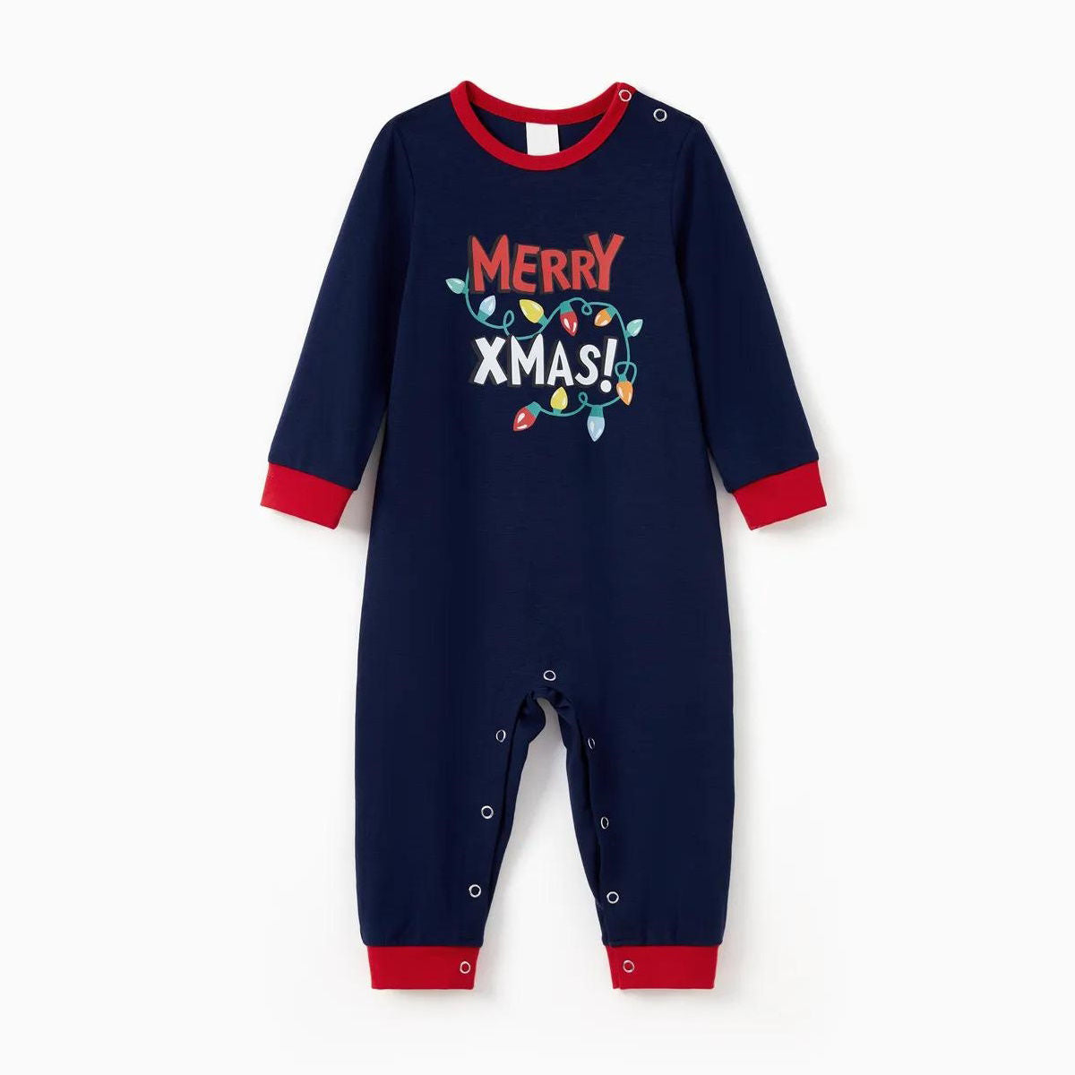 Dark Blue Merry Xmas Allover String Light Print Family Christmas Pajamas - ChildAngle