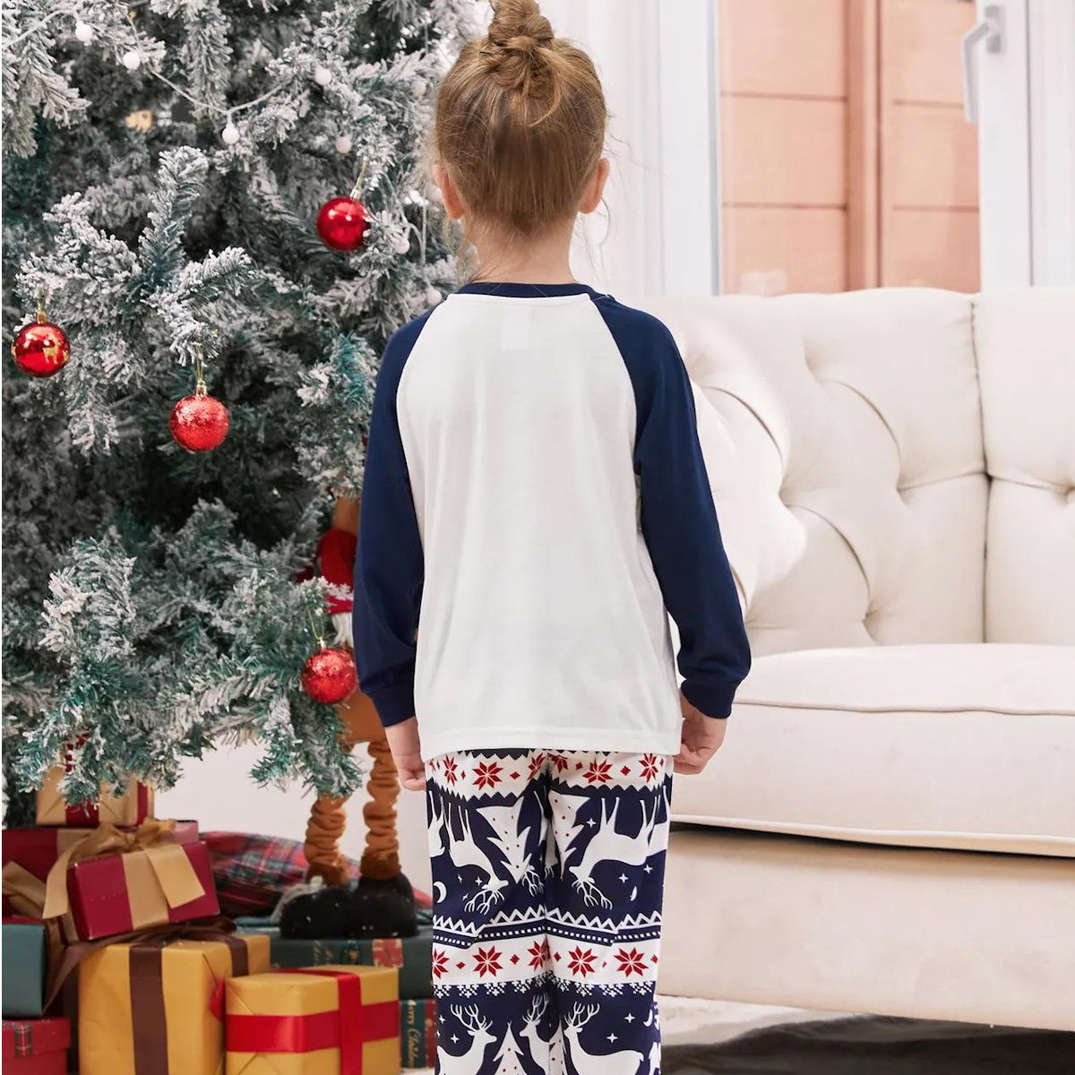 Dark Blue Dear Santa I Can Explain Letter Print Family Christmas Pajamas Raglan Sleeve Reindeer Christmas Tree Print with Drawstring and Pockets - ChildAngle