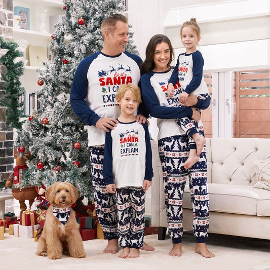 Dark Blue Dear Santa I Can Explain Letter Print Family Christmas Pajamas Raglan Sleeve Reindeer Christmas Tree Print with Drawstring and Pockets - ChildAngle