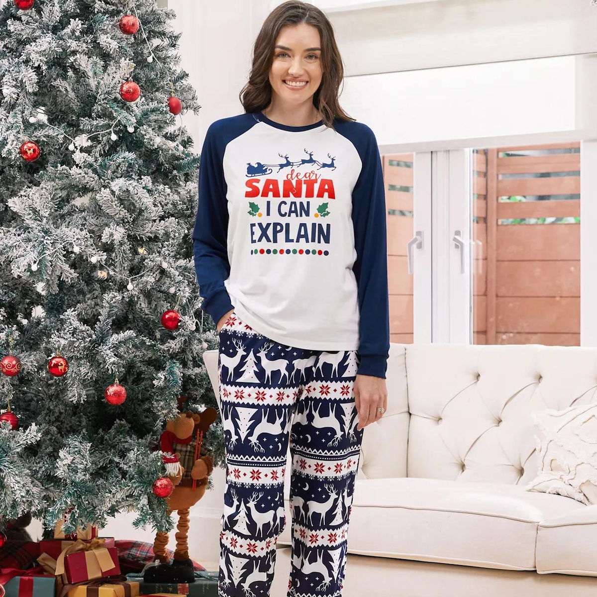 Dark Blue Dear Santa I Can Explain Letter Print Family Christmas Pajamas Raglan Sleeve Reindeer Christmas Tree Print with Drawstring and Pockets - ChildAngle