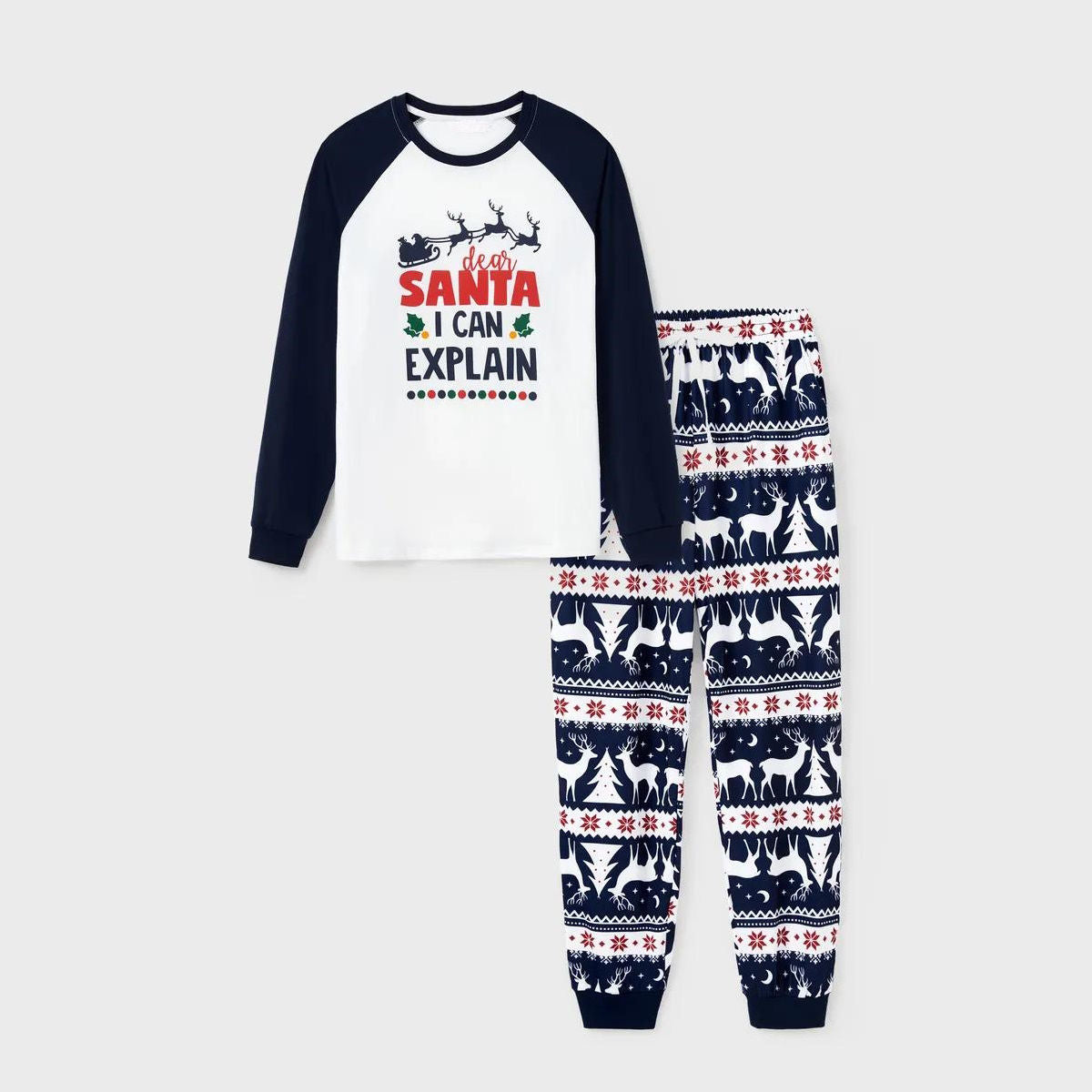 Dark Blue Dear Santa I Can Explain Letter Print Family Christmas Pajamas Raglan Sleeve Reindeer Christmas Tree Print with Drawstring and Pockets - ChildAngle