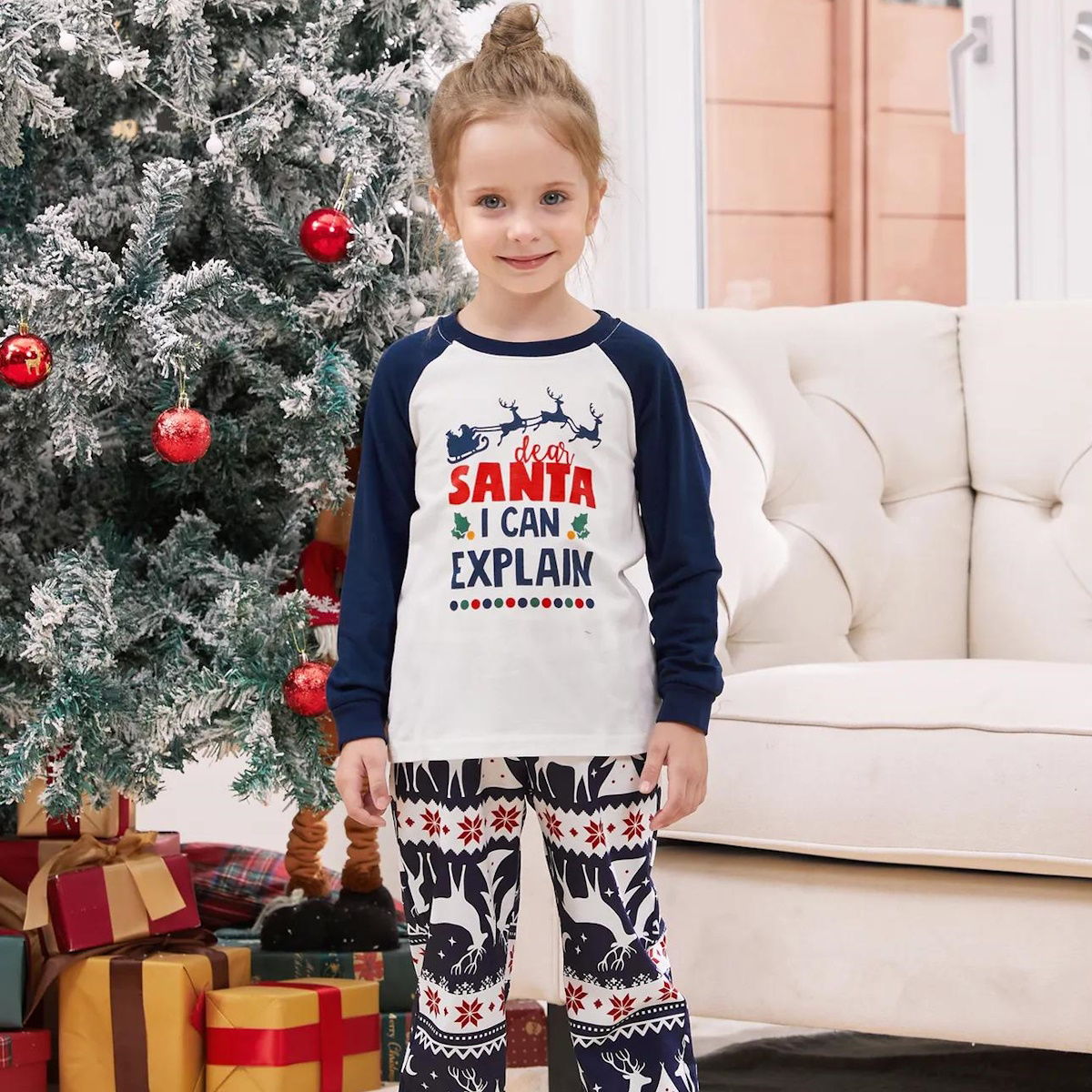 Dark Blue Dear Santa I Can Explain Letter Print Family Christmas Pajamas Raglan Sleeve Reindeer Christmas Tree Print with Drawstring and Pockets - ChildAngle