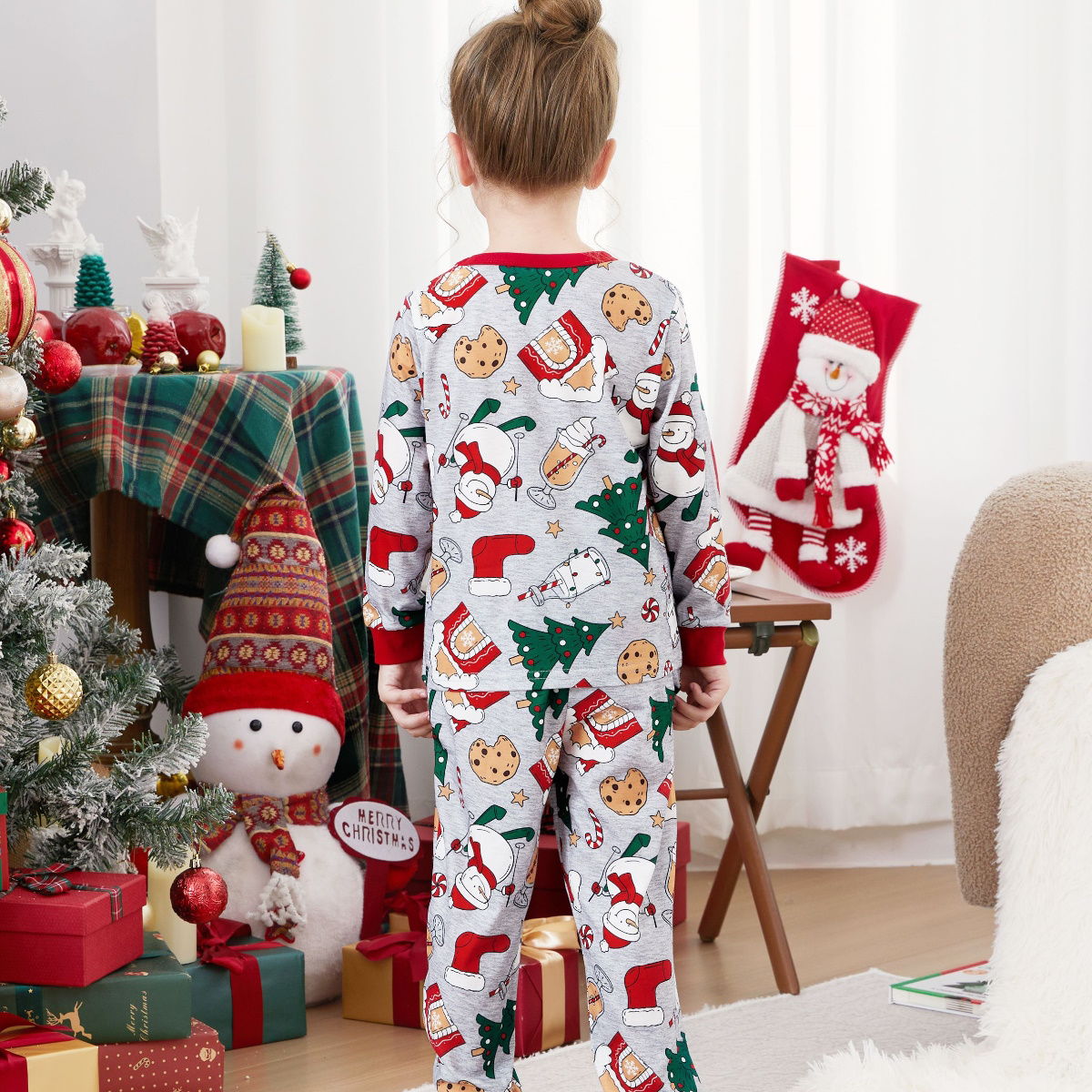 Family Christmas Pajamas Allover Christmas Pattern House Tree Cookie Stockings Snowman - ChildAngle