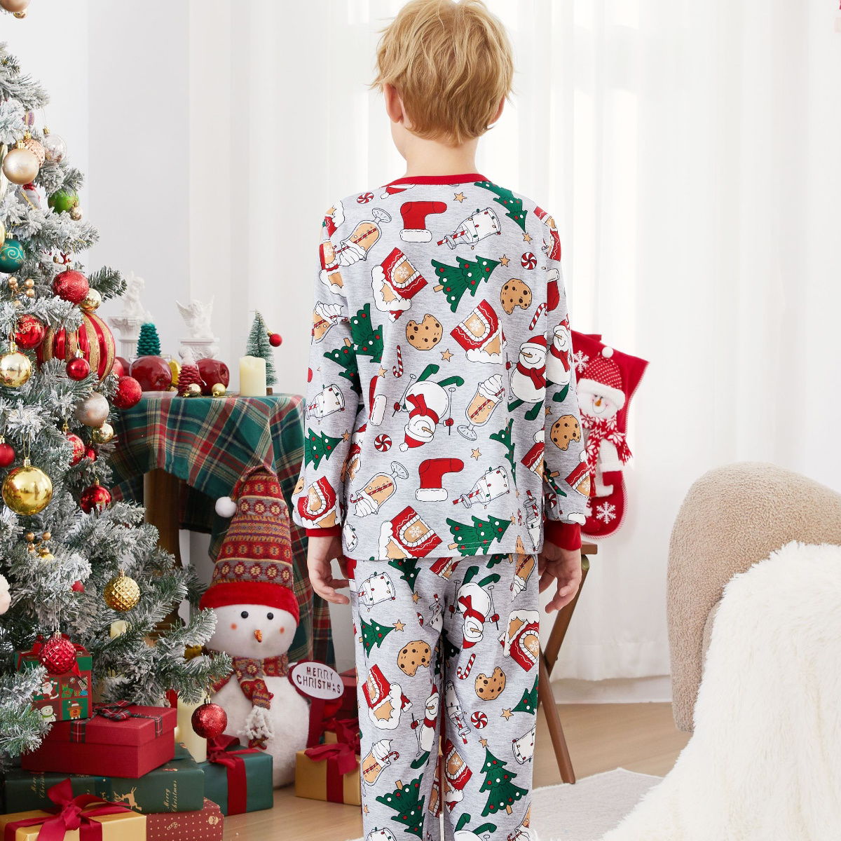 Family Christmas Pajamas Allover Christmas Pattern House Tree Cookie Stockings Snowman - ChildAngle