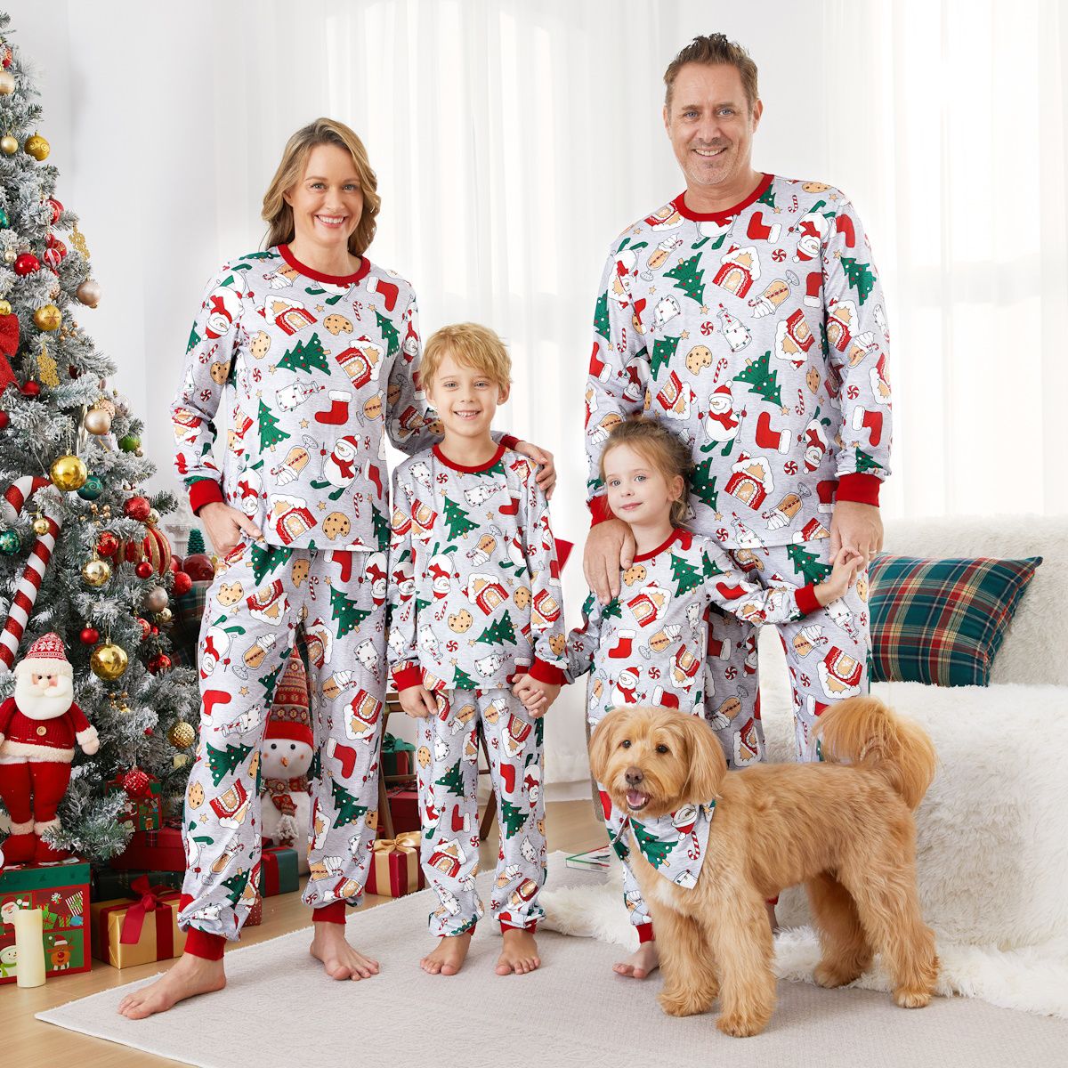 Family Christmas Pajamas Allover Christmas Pattern House Tree Cookie Stockings Snowman - ChildAngle