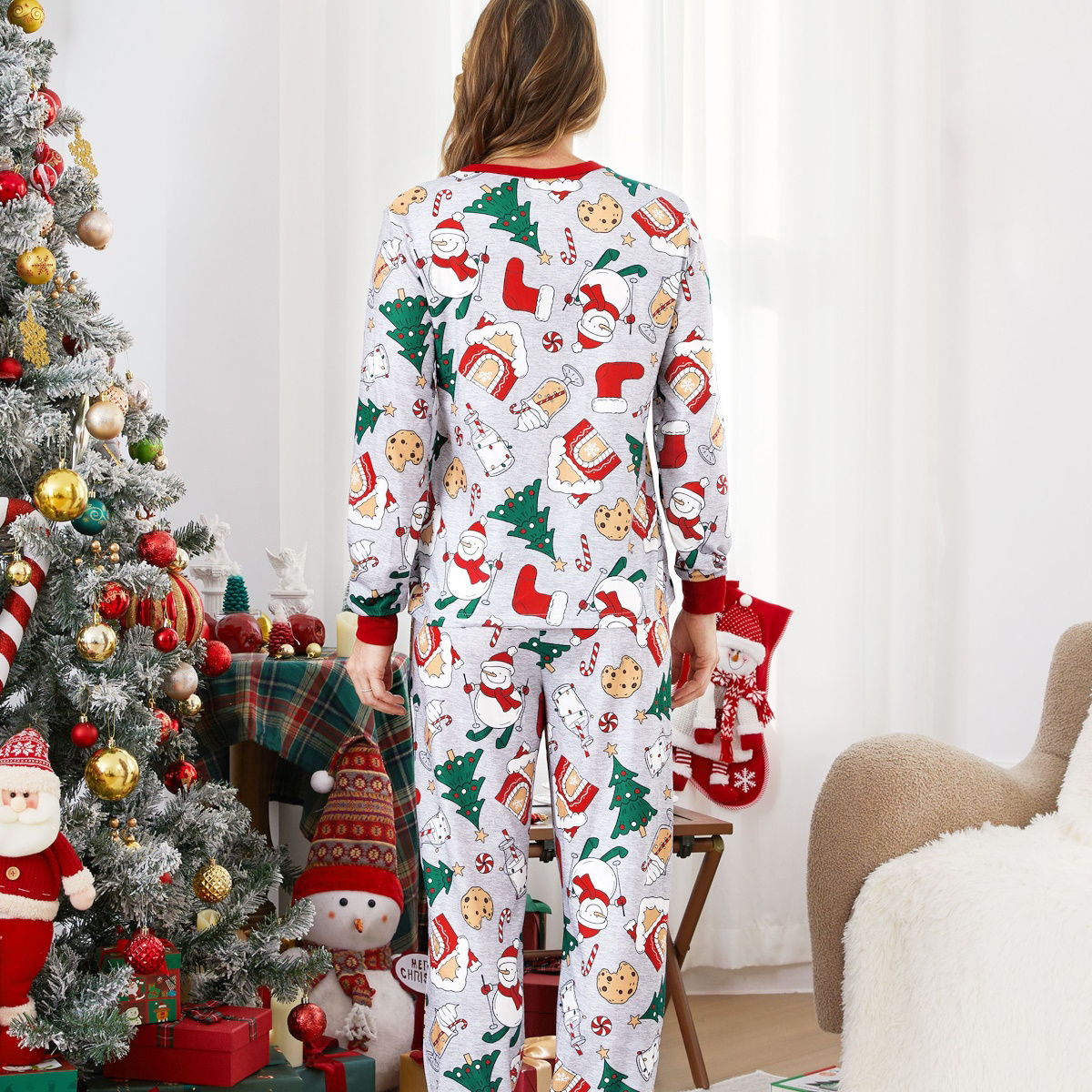 Family Christmas Pajamas Allover Christmas Pattern House Tree Cookie Stockings Snowman - ChildAngle