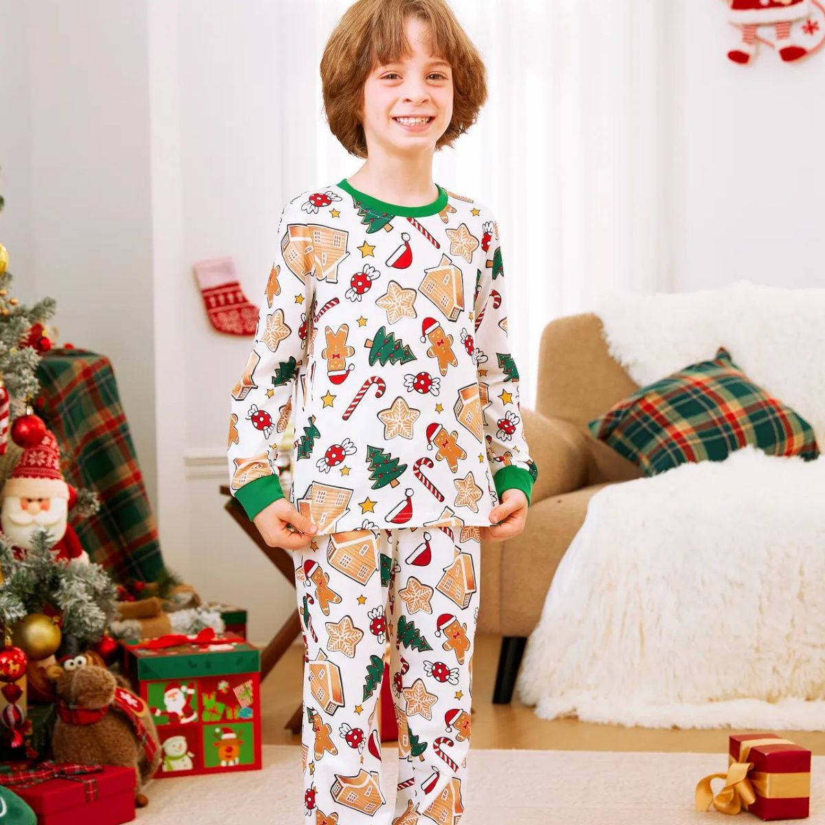 Family Christmas Pajamas Allover Gingerbread Christmas Tree Candy Canes Candy House Star - ChildAngle