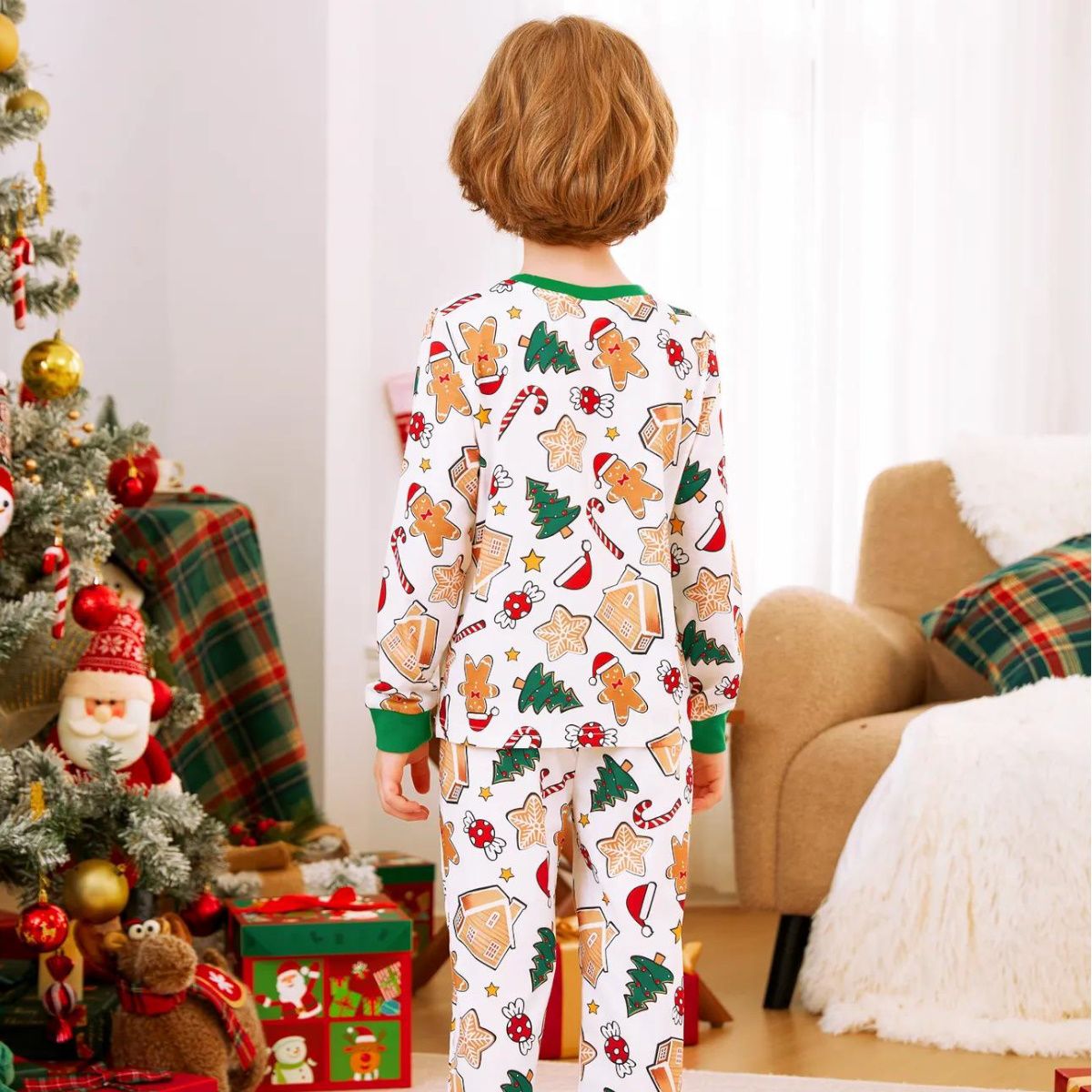 Family Christmas Pajamas Allover Gingerbread Christmas Tree Candy Canes Candy House Star - ChildAngle