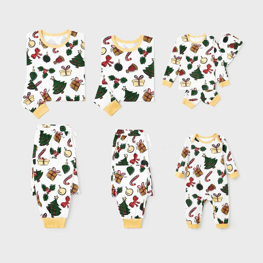 Family Christmas Pajamas Allover Xmas Pattern Gifts Bell Hat Bowknot Christmas Tree Candy Canes - ChildAngle
