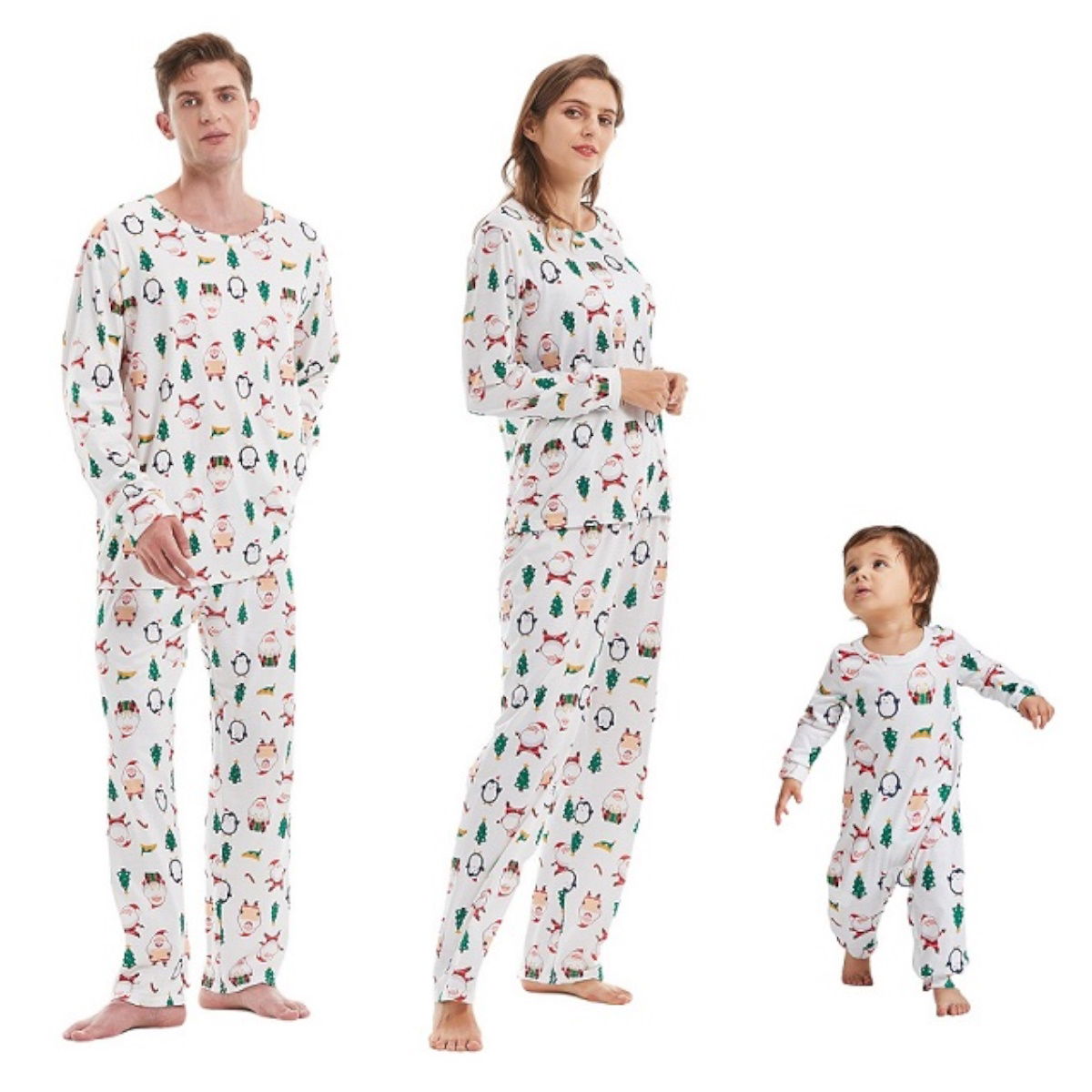 Family Christmas Pajamas Allover Xmas Pattern Santa Claus Penguin Christmas Tree Elf Hat Candy Canes - ChildAngle